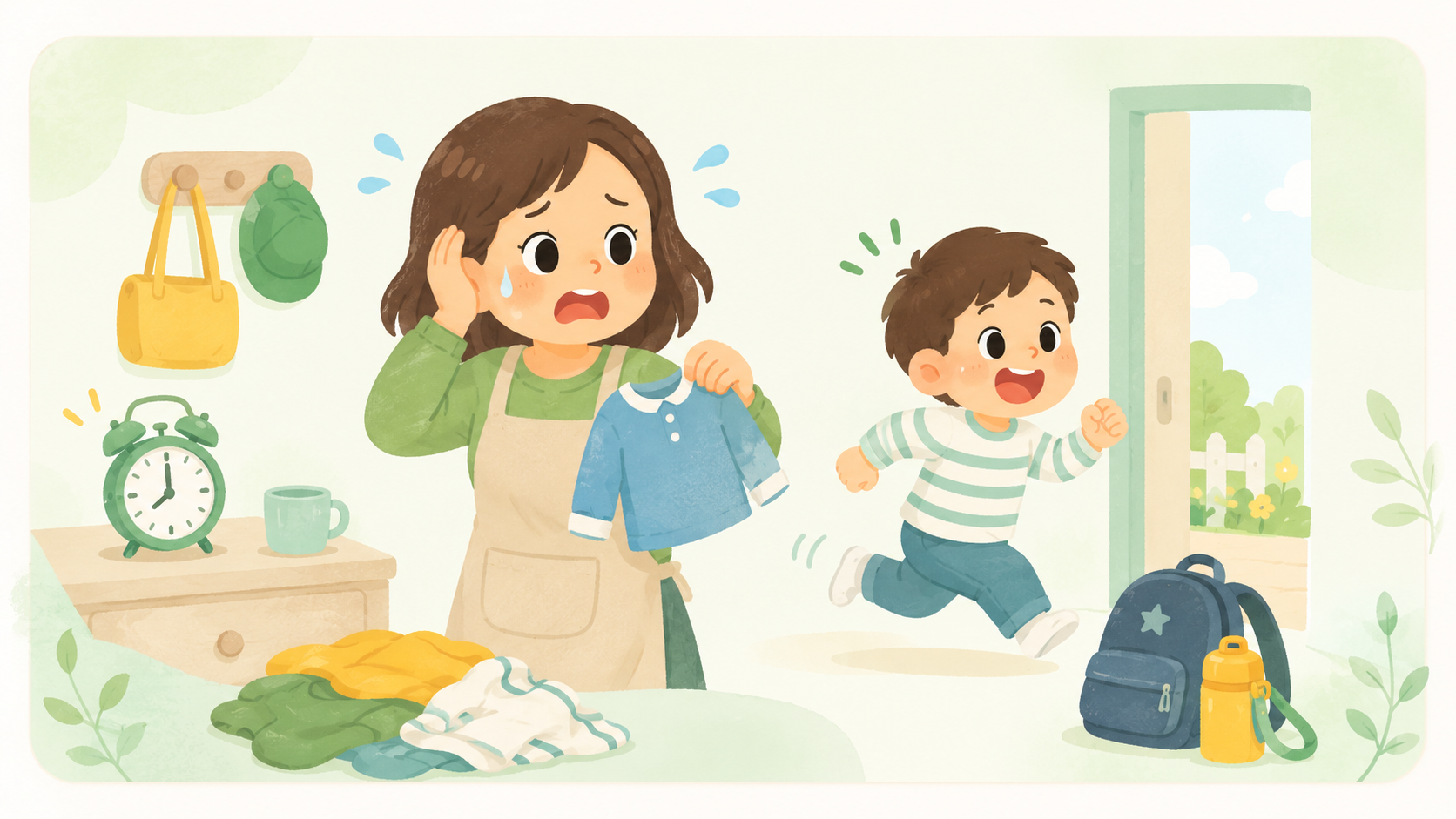 朝の支度で慌ただしくなる親子のイラスト