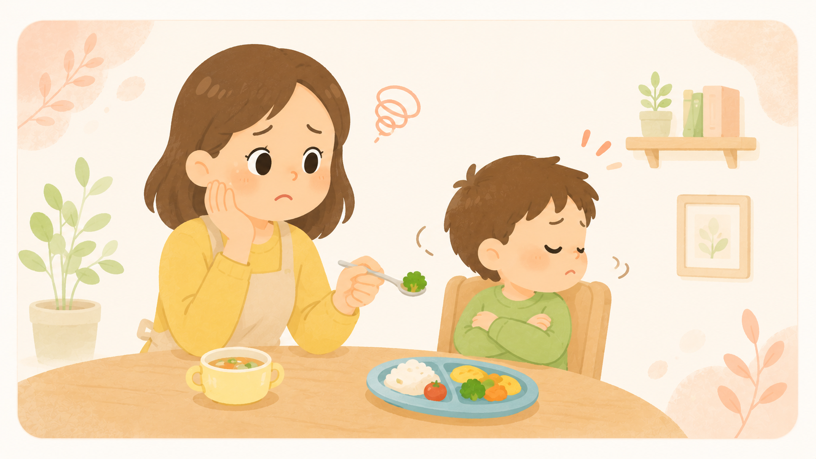 ご飯を食べたがらない子どもに困っているママのイラスト