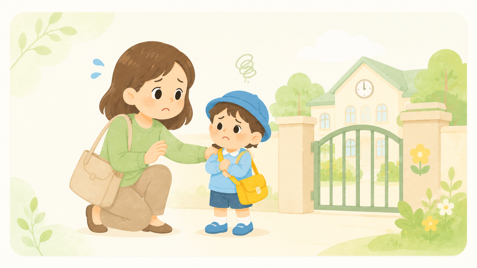 登園前に不安そうな子どもへ寄り添うママのイラスト